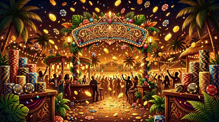 Feestelijke KokoBet welkomstbonus: gouden munten, fiches en tropische casino-sfeer