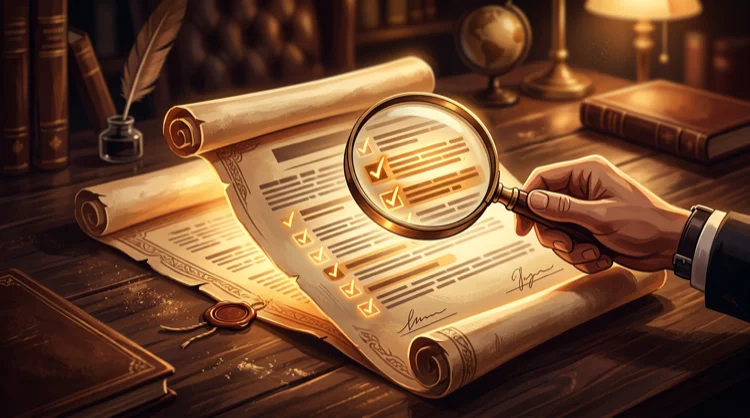 Helder leesbare bonusvoorwaarden: vergrootglas en contract met vinkjes, redactionele illustratie