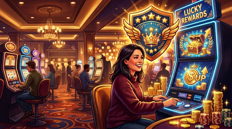 Loyaliteits- en herlaadbonus: sterren, muntenstapels en warme amber sfeer voor vaste spelers