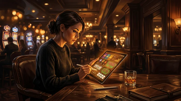 Slimme bonusstrategie: speler bestudeert bonusvoorwaarden op een gloeiend tablet