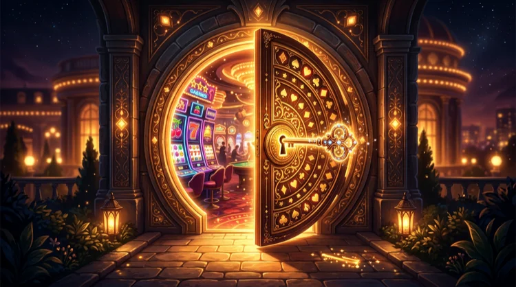 Welkomst-illustratie: KokoBet login portal, gouden sleutel en gokautomaat op de achtergrond
