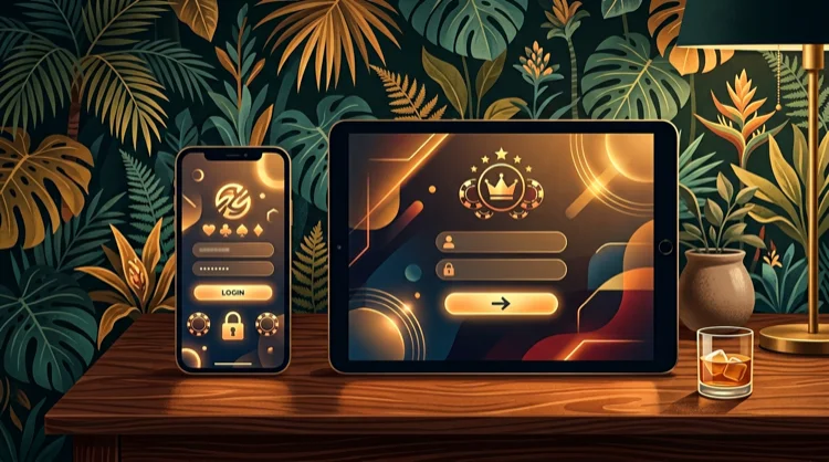Smartphone en tablet op hout, KokoBet inlogportaal in amber, tropisch thema