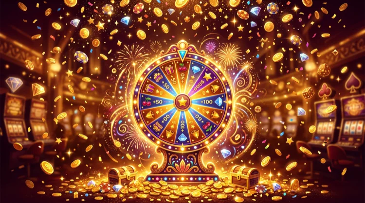 KokoBet welkomstbonus-illustratie: munten, free spins en feestelijke sfeer in amber en diepbruin