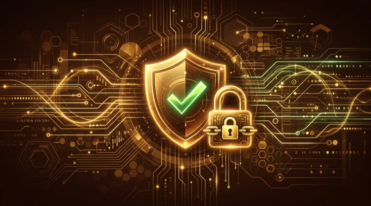 Digitale beveiliging: schild, SSL en encryptie in bruine en amber KokoBet-huisstijl