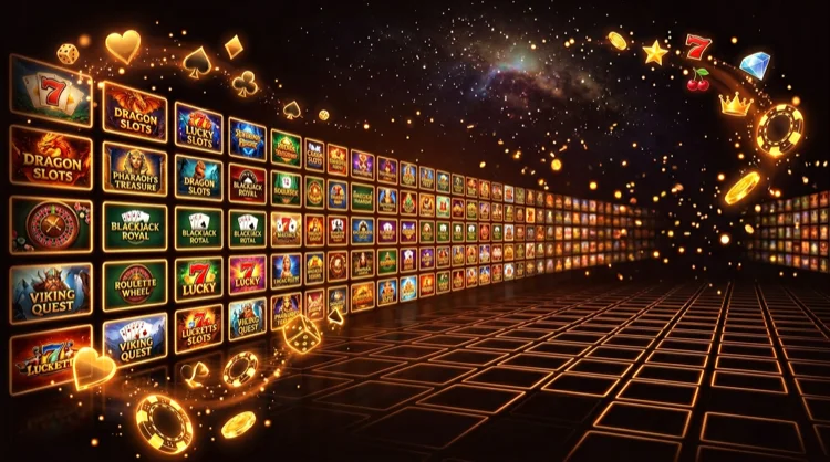 Overzicht KokoBet spellenbibliotheek: gloeiende spelthumbnails in een donker rooster