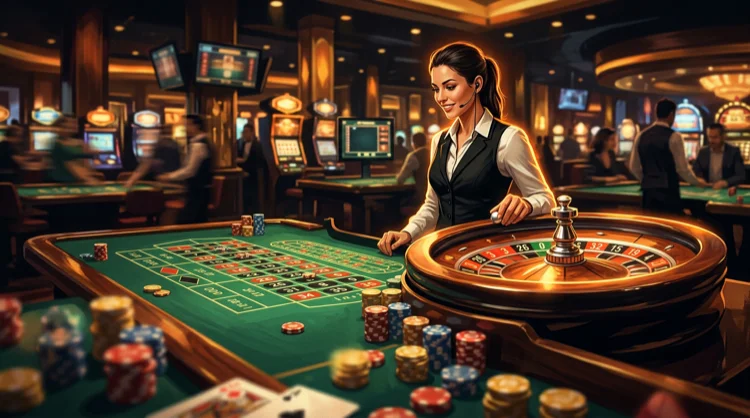 Live casino studio: dealer bij roulettetafel met groen vilt en amber randverlichting