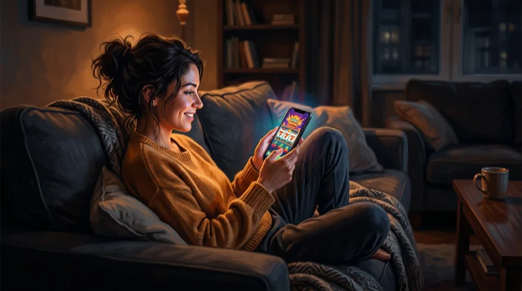 Mobiel gokken: persoon op bank speelt KokoBet-slots op smartphone