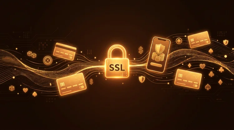 Veilige online betaling: kaarten, portemonnees, bank en SSL in amber en goud op donkerbruin