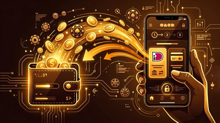 Storten bij KokoBet: smartphone met stortingsflow, munten en portemonnee, fintech-illustratie