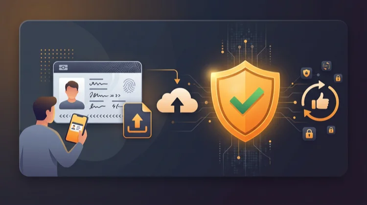 KYC-identiteitsverificatie: ID-kaart, upload en schild met vinkje