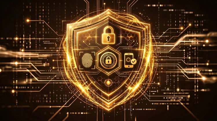 Betalingsbeveiliging: schild, encryptie, SSL, vingerafdruk en 2FA-symbool in amber