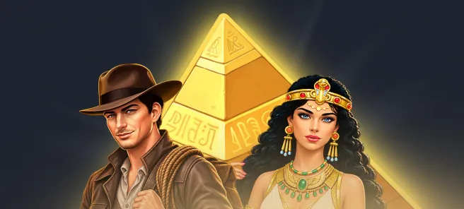 Kokobet artwork met piramide en avonturiers